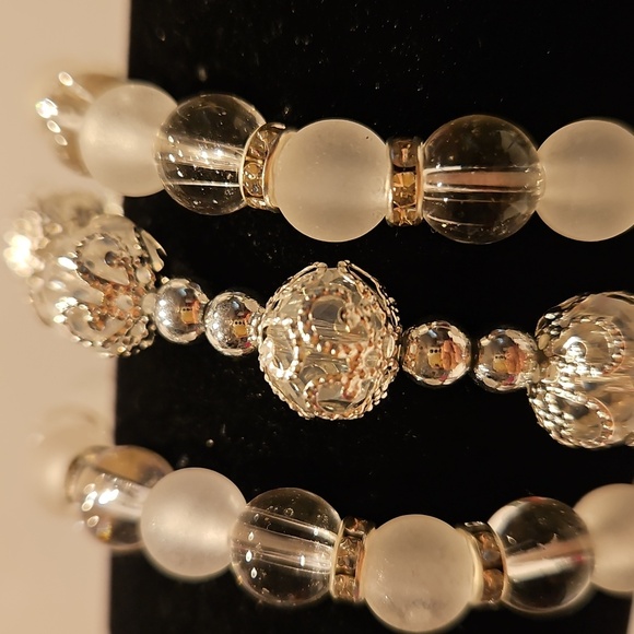 3 Angel, Cross, Clear & Frosted Glass & Rhinestone Stretch Beaded Bracelets - Picture 2 of 6